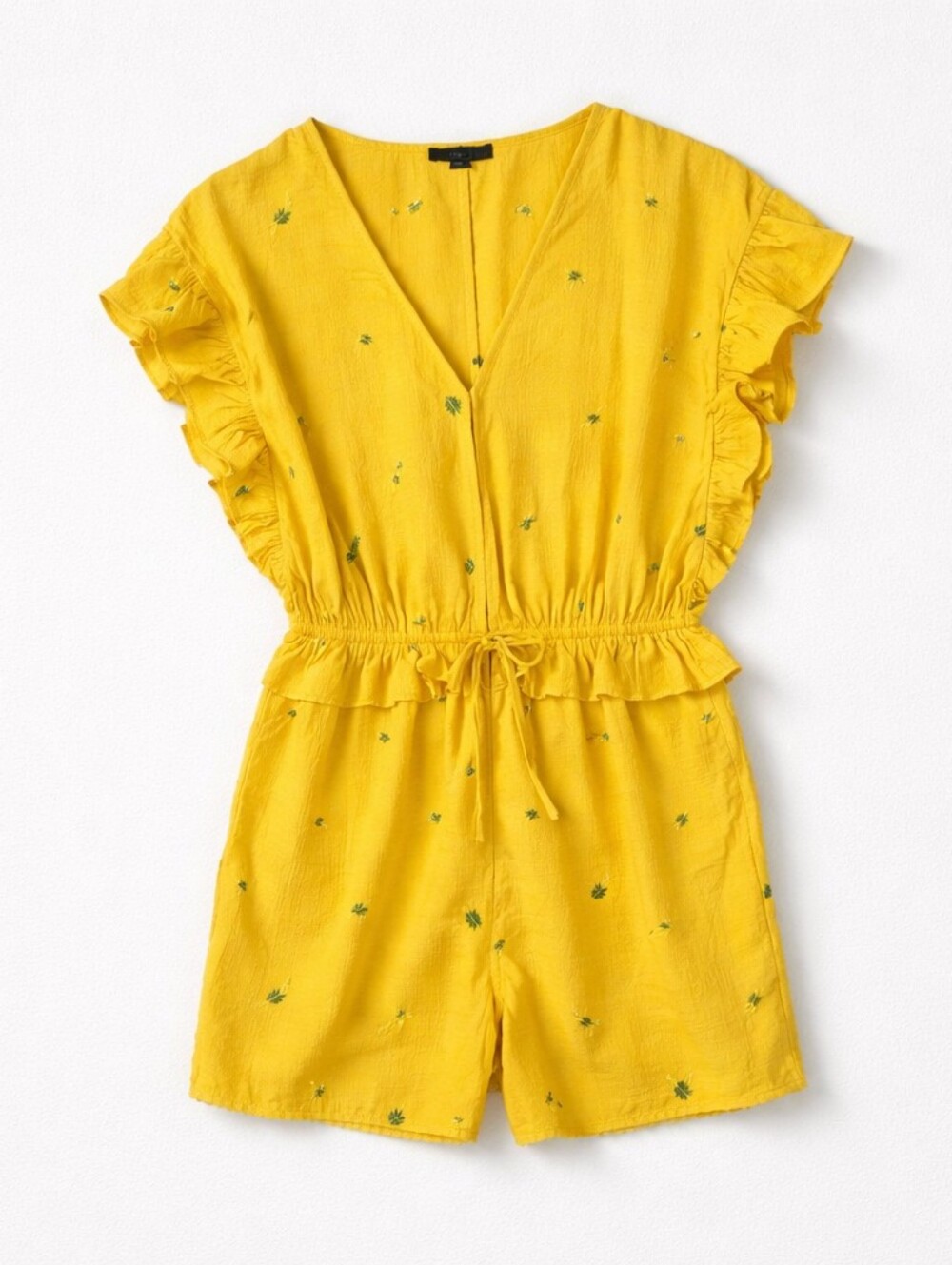 Very J | NWT Leaf Embroidered Yellow Ruffled Romper, Size L